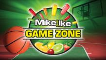 Basketball and fruit slices with pieces of Mike and Ike candy shooting out of the words Mike and Ike Game Zone