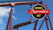 Guests riding Raging Bull with Member Appreciation logo on top of image