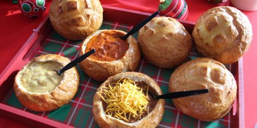 Warm bread bowls filled with soup